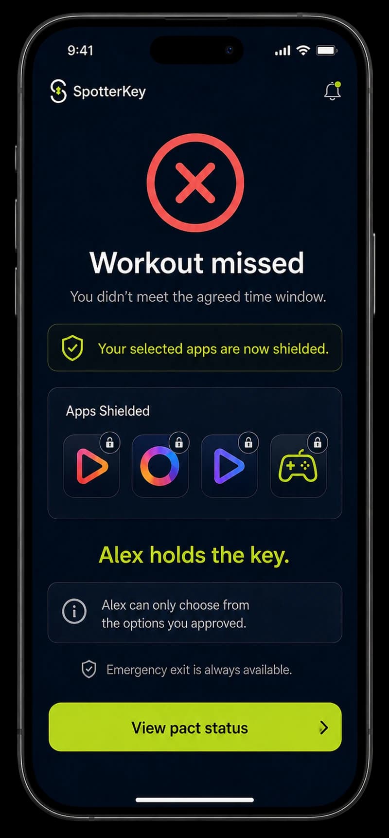 Workout missed. You didn’t meet the agreed time window, so your selected apps are now shielded. Alex holds the key, and can only choose from the options you approved. Emergency exit is always available.